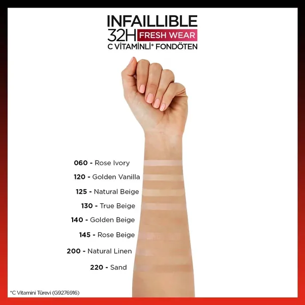 L'Oréal Paris Инфаллибель 32 ч Свежий Финиш Тональный Крем Витамин C 145 Бежевый Розовый 3