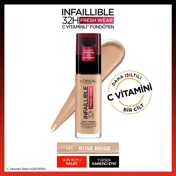 L'Oréal Paris Инфаллибель 32 ч Свежий Финиш Тональный Крем Витамин C 145 Бежевый Розовый 4
